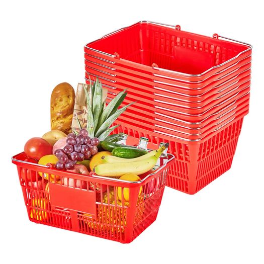 12 PCS, 21L Stackable PE Plastic Grocery Baskets with Metal Handles, Dense Mesh Structure, Holds up to 9.07kg, Portable for Grocery