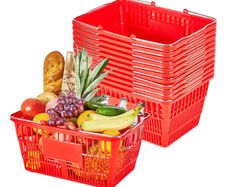 12 PCS, 21L Stackable PE Plastic Grocery Baskets with Metal Handles, Dense Mesh Structure, Holds up to 9.07kg, Portable for Grocery