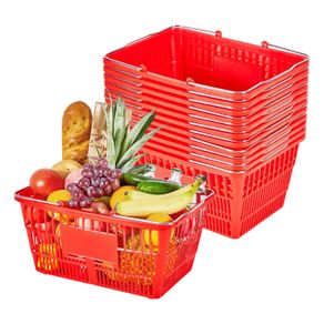 12 PCS, 21L Stackable PE Plastic Grocery Baskets with Metal Handles, Dense Mesh Structure, Holds up to 9.07kg, Portable for Grocery