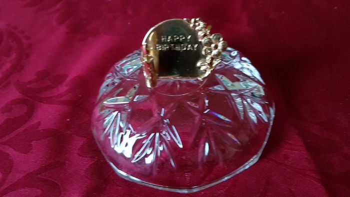 Killarney Crystal Cut Crystal Glass Happy Birthday Lidded Jewelry Dish / Bowl With 22 Carat Gold Cover Handle and Footed Base Finishing Made In Ireland
