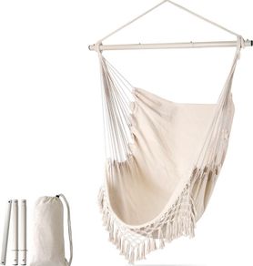 Hammock Chair Large Relax Hanging Swing Chair Cotton Weave for Superior Comfort Elegant Tassels Creative Metal Strong Spreader Bar 3-section Combination Detachable Easy to Install MULTIPLE COLOURS AVAILABLE (FREE POSTAGE)