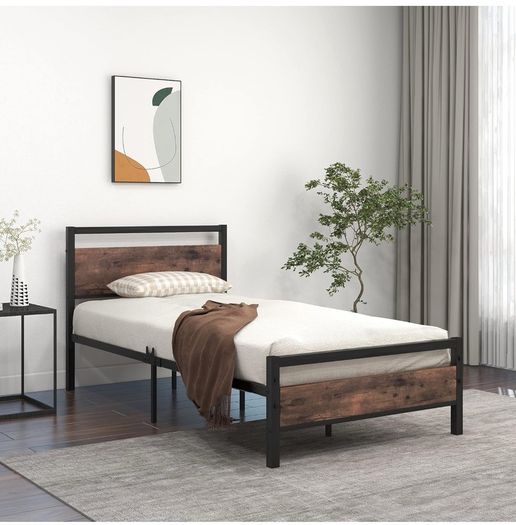 Metal Platform Bed Frame 3 FT Single with Wooden Headboard