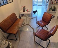 Glass Top Dining Table with Tan Faux Leather Bench & 2 Matching Chairs Set