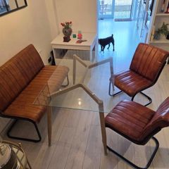 Glass Top Dining Table with Tan Faux Leather Bench & 2 Matching Chairs Set