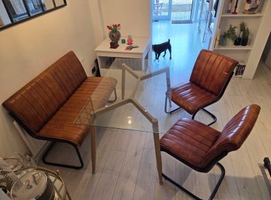 Glass Top Dining Table with Tan Faux Leather Bench & 2 Matching Chairs Set