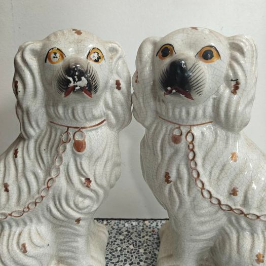 Vintage pair of Staffordshire pottery mantel dogs