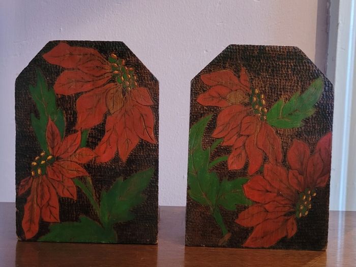 Antique pokerwork poinsettia bookends