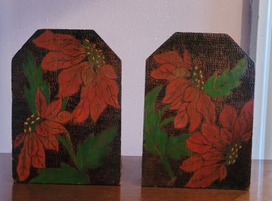 Antique pokerwork poinsettia bookends