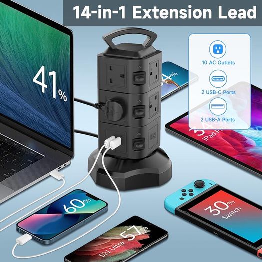 Tower Extension lead 2M, 10 Way (13A 3000W) Surge Protected Extension Sockets with 2 USB C and 2 USB A, Multi Plug Socket with 3 Independent Switches,Power Strip for Home, Office, Kitchen