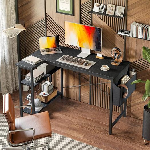 L Shaped Gaming Desk 100x70 cm Computer with Storage Bag Office Small Writing Table Large Reversible Shelves Workstation for Study Play Work Home Black
