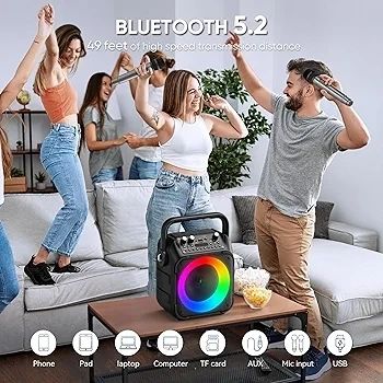 Karaoke Machine with Two Wireless Microphones, Portable Karaoke Machine for Adults & Kids, Portable Bluetooth Speaker with PA System, LED Lights, Supports TF Card/USB, AUX in, FM, USB,TWS (Black)