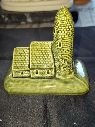 Vintage Green Glazed Ceramic of an Irish Round Tower and Church by Knock Pottery in Ireland and a Vintage Angel, Postage Available or Collection