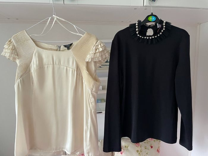 2 savida tops cream ruffle silky satin cap sleeve top and black long sleeve Pearl collar both size 14