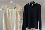 2 savida tops cream ruffle silky satin cap sleeve top and black long sleeve Pearl collar both size 14