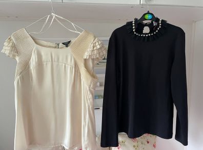 2 savida tops cream ruffle silky satin cap sleeve top and black long sleeve Pearl collar both size 14