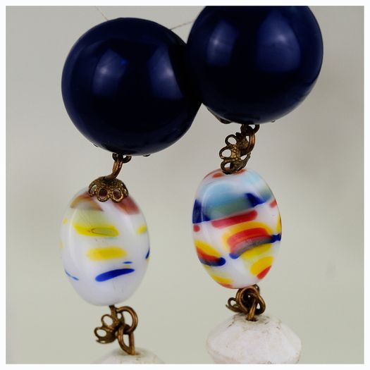 Retro Murano Millefiori Glass Long Drop Clip On Earrings