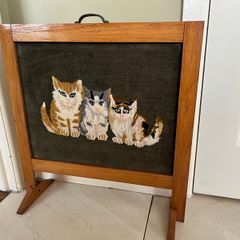 Cats needlepoint firescreen with mahogany surround