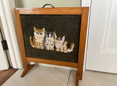 Cats needlepoint firescreen with mahogany surround