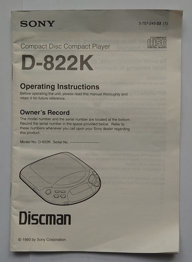 Sony Walkman (Car Discman) D-822K In Original  Box