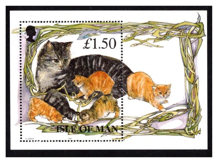 1996 Isle of Man Manx Cats (cats with kittens) Commemorative Stamp Miniature Sheet Mint Never Hinged (MNH)
