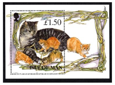 1996 Isle of Man Manx Cats (cats with kittens) Commemorative Stamp Miniature Sheet Mint Never Hinged (MNH)