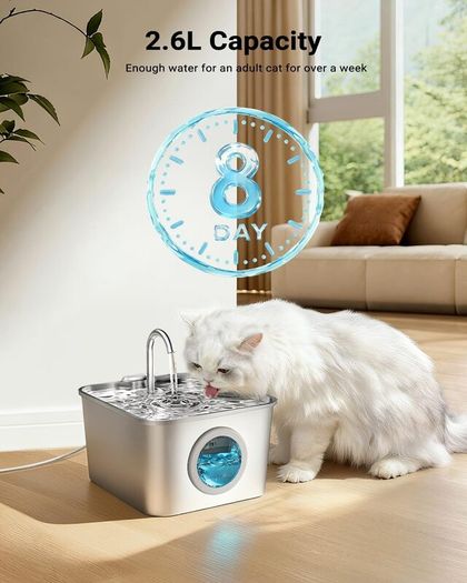 Cat Water Fountain for Drinking: 2.6L Stainless Steel Cat Water Fountain, Multiple Filtration Pet Water Fountain, Built-In Led, Ultra Silent with 6 Sponges and 6 Filter