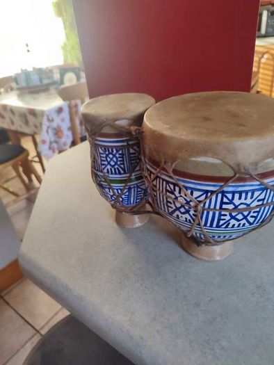 Moroccan small Bongo Drums CERAMIC BASE hand painted goat hide tops vintage