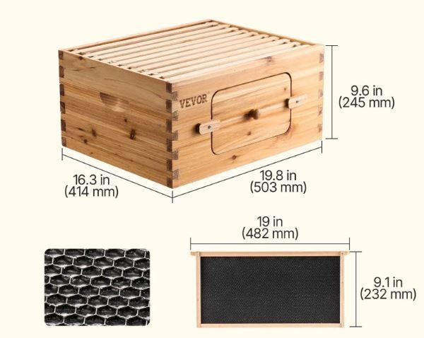 Bee Hive Deep Box Starter Kit, 100% Beeswax Coated Natural Fir Wood, Langstroth Beehive Kit with 10 Frames and Foundations, Transparent Acrylic Bee Windows for Beginners and Pro Beekeepers