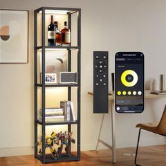67 Glass Display Shelf with Dimmable LED Floor Lamp, Collectibles Display Cabinet with Remote & App Control, 5 Tier Open Bookshelf Lamp for Living Room, Bedroom, Office, Home Decor, Black