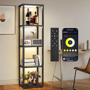 67 Glass Display Shelf with Dimmable LED Floor Lamp, Collectibles Display Cabinet with Remote & App Control, 5 Tier Open Bookshelf Lamp for Living Room, Bedroom, Office, Home Decor, Black