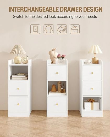 Slim Bedside Tables Set of 2, Narrow Side Table with 2 Drawers, Bedside Cabinet with Open Compartment, Adjustable Drawer Position for Bedroom, Living Room, 30 x 24 x 65 cm White