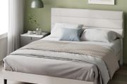 Double Bed Frame with Headboard - 4ft6 (135 x 190 cm) - 11.8'' Height - Upholstered Bed Base - Wooden Slat Support - Easy Assembly - Off White