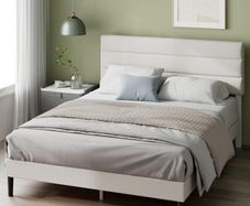 Double Bed Frame with Headboard - 4ft6 (135 x 190 cm) - 11.8'' Height - Upholstered Bed Base - Wooden Slat Support - Easy Assembly - Off White