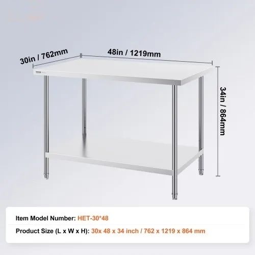 Stainless Steel Prep Table, 30 x 48 x 34 Inch, Heavy Duty Metal Worktable with 3 Adjustable Height Levels, Commercial Workstation for Kitchen Garage Restaurant Backyard