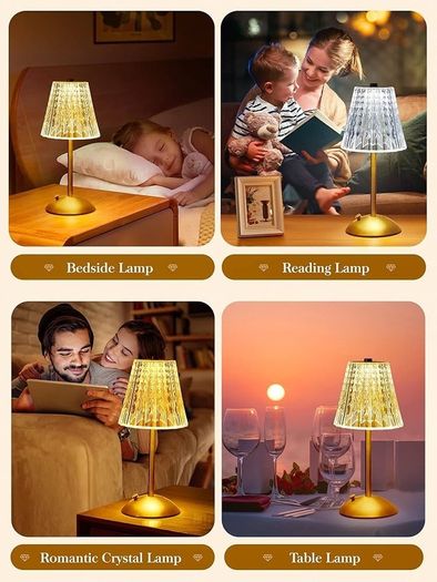 Table Lamp, Touch Lamps Bedside Lamp, 10-Way Dimmable Crystal Lamp, 3 Colors Rechargeable Lamp,Cordless Lamp for Bedroom,Touch Lamp, Gold Lamp,Table Lamps for Living Room Bedroom Dinner Bar