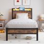 3ft Single Bed Frame with Charging Station and LED Lights, Wood Headboard with Storage Shelves Image 8