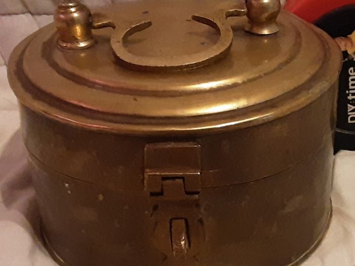 round vintage brass tobacco tin ( possibly bread )