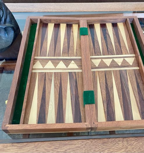 Vintage Marquetry Inlaid Folding Wooden Chess Board Chess Pieces Dice and Counters