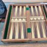Vintage Marquetry Inlaid Folding Wooden Chess Board Chess Pieces Dice and Counters Image 9