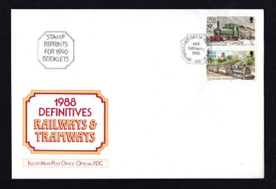 1990 Isle of Man Manx Railways and Tramways Stamp Reprints for 1990 Booklets Definitive Stamps First Day Cover (FDC)
