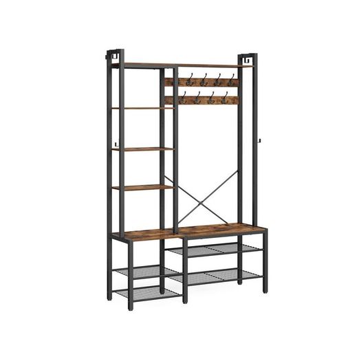 Coat Rack, Entrance Cabinet, with Shoe Rack, 5 Storage Shelves, 9 Coat Hooks and 6 Side Hooks, 40 x 120 x 190 cm, Rustic Brown and Ink Black