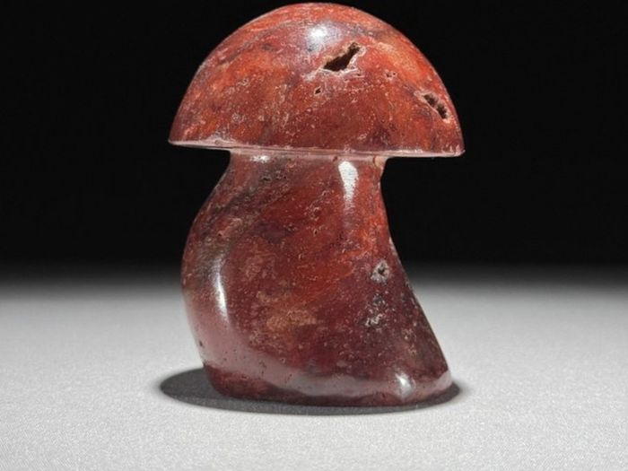 3 Hand-Carved Red Jasper Mushroom Sculptures - Natural Stone