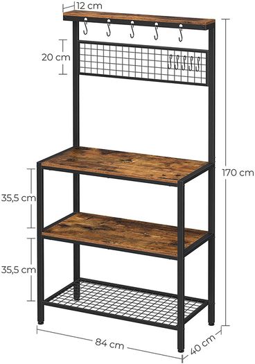 Kitchen shelf in industrial design, standing shelf for the kitchen, shelf levels in wood look, 10 hooks, metal grid shelf, for microwave, dishes, 84 x 40 x 170 cm, vintage, dark brown