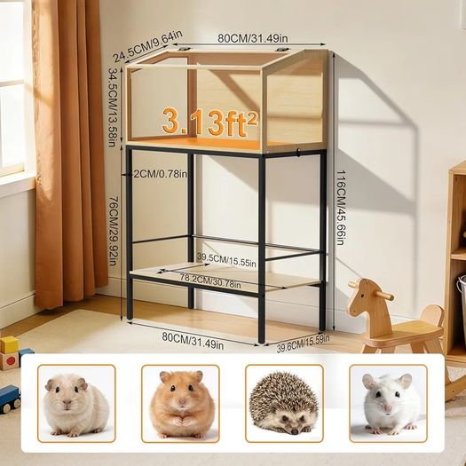 BingoPaw Wood Hamster Cage Chewproof Large Hamster Cages with Storage Shelf, Glass Panels, Ventilation Holes, Built-in LED Light, for Small Pets, Guinea Pig (80 / 40 / 40cm)