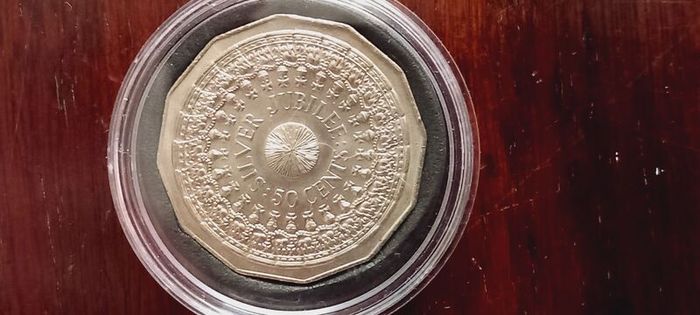 1977 Queen's Silver Jubilee 50 cent coin, historical rare coin, Australian coin