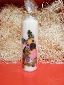 Large brand new unscented ivory decorative pillar candle french bulldog spring birthday new home gift