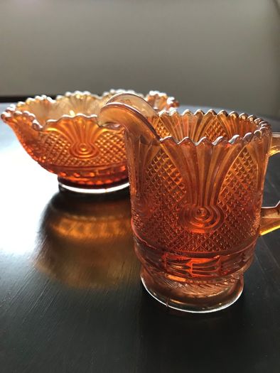 Vintage Depression Orange Fluted bowl and Jug
