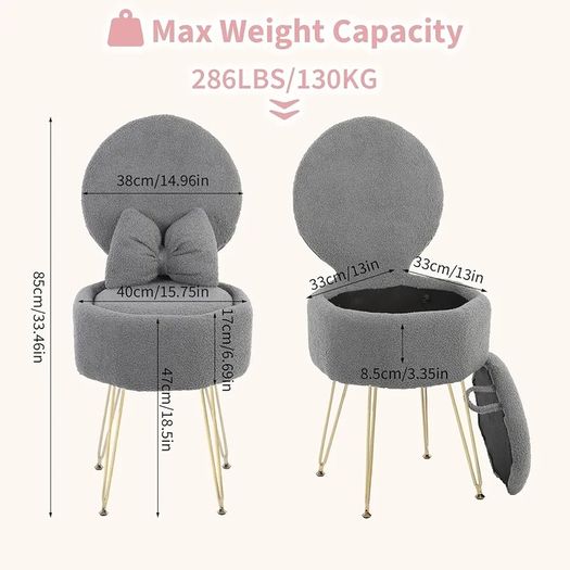 Plush Flannel Vanity Stool with Bowknot Backrest & Storage, Foldable Back Makeup Chair with Cushioned Seat & Metal Legs, Soft Dressing Table Stool for Bedroom, Home Decor, Grey