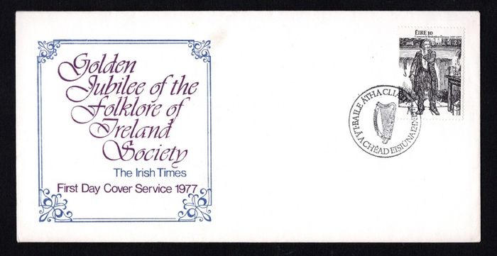 1977 Ireland Anniversaries Golden Jubilee of the Folklore of Ireland Society (The Shanachie by Jack B Yeats Commemorative Stamp Illustrated The Irish Times First Day Cover (FDC)