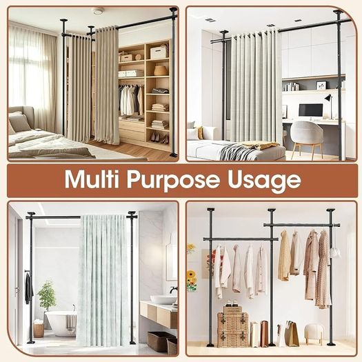 Room Divider No Drilling Curtain Rod Wall Divider for Room Separation, 227-312 cm.(H) 71-290 cm.(W) Adjustable, Heavy Duty Partition Space Separator Freestanding Tension Curtain Stand, Black